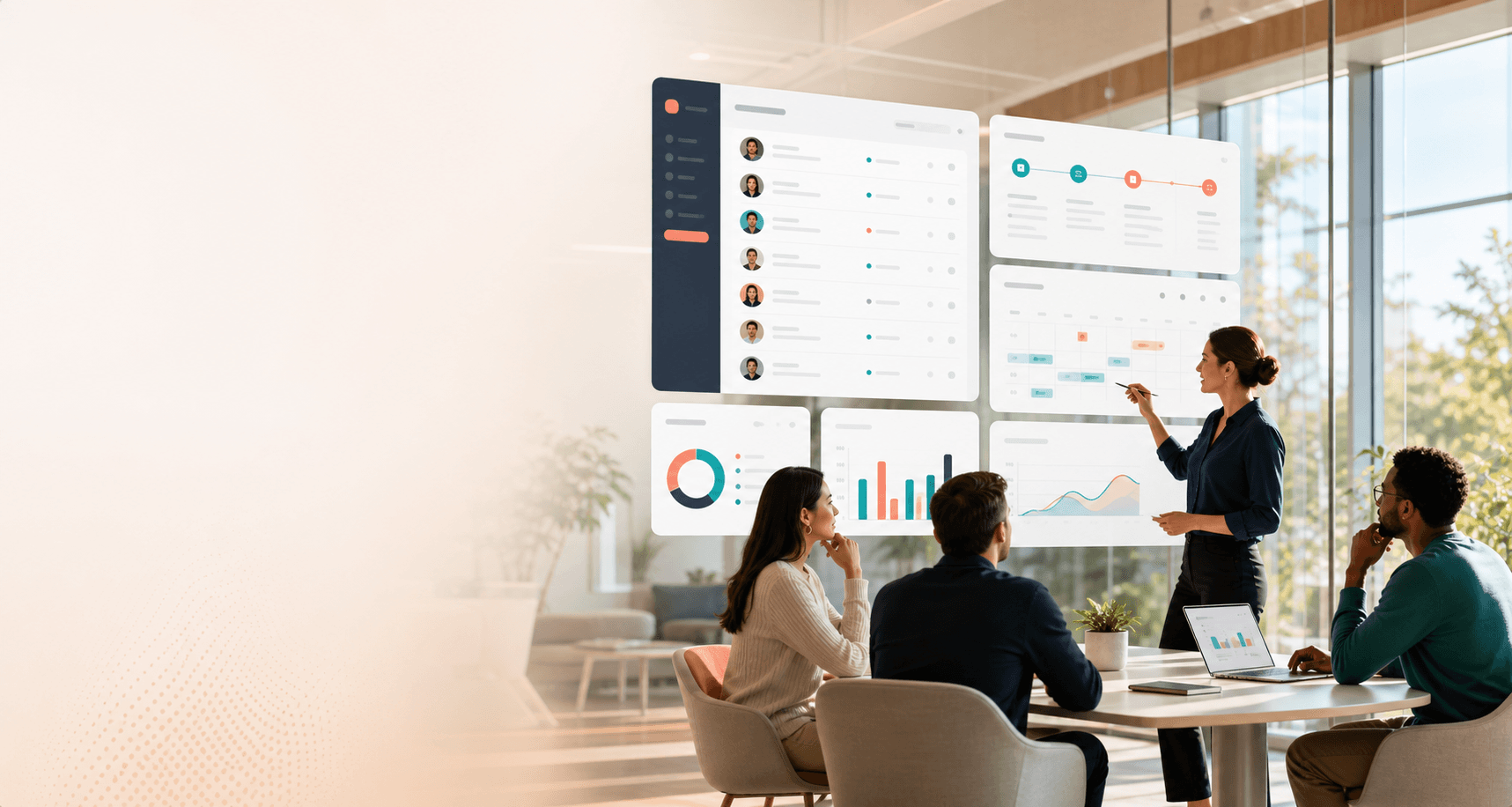 Premium HR operations workspace with people data, workflows, time off, payroll, and reporting dashboards.